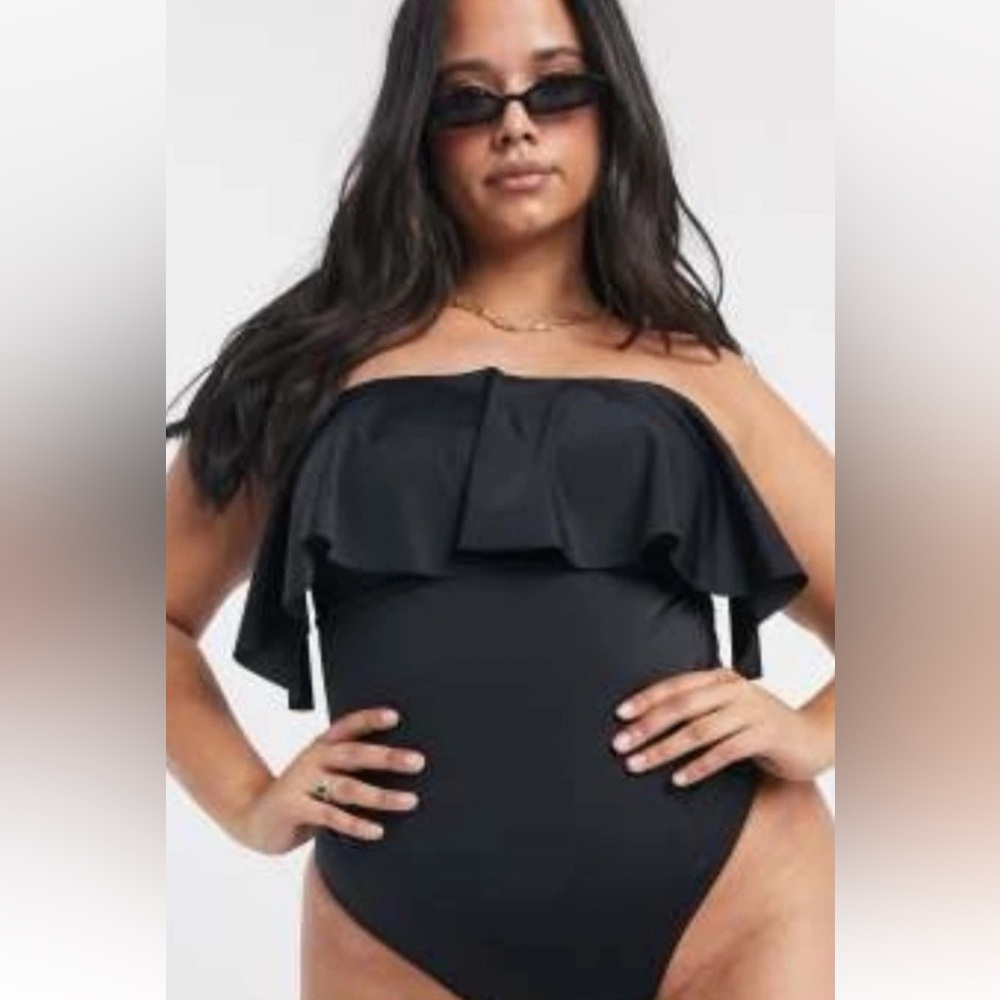 ASOS DESIGN Recycled Curve Black Bandeau Ruffle One Piece Swimsuit Size: 24